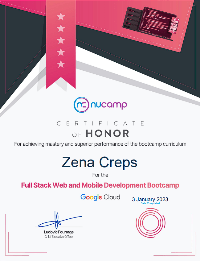 Nucamp Full Stack Web and Mobile Development Bootcamp Certification